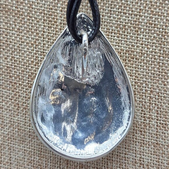 Black Double Cord Necklace Silver Tone Teardrop Pendant Swirl Pattern 32" - Picture 5 of 6
